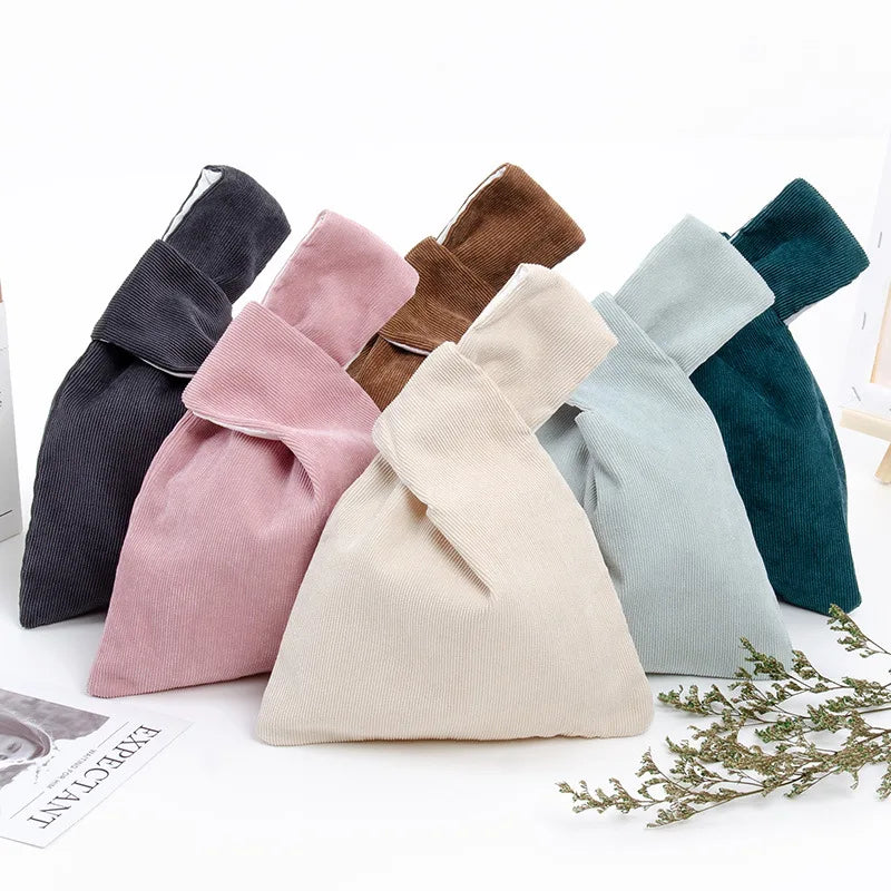 Corduroy Women'S Handbags Knot Wrist  Friendly Pouch Lightweight Tote 
