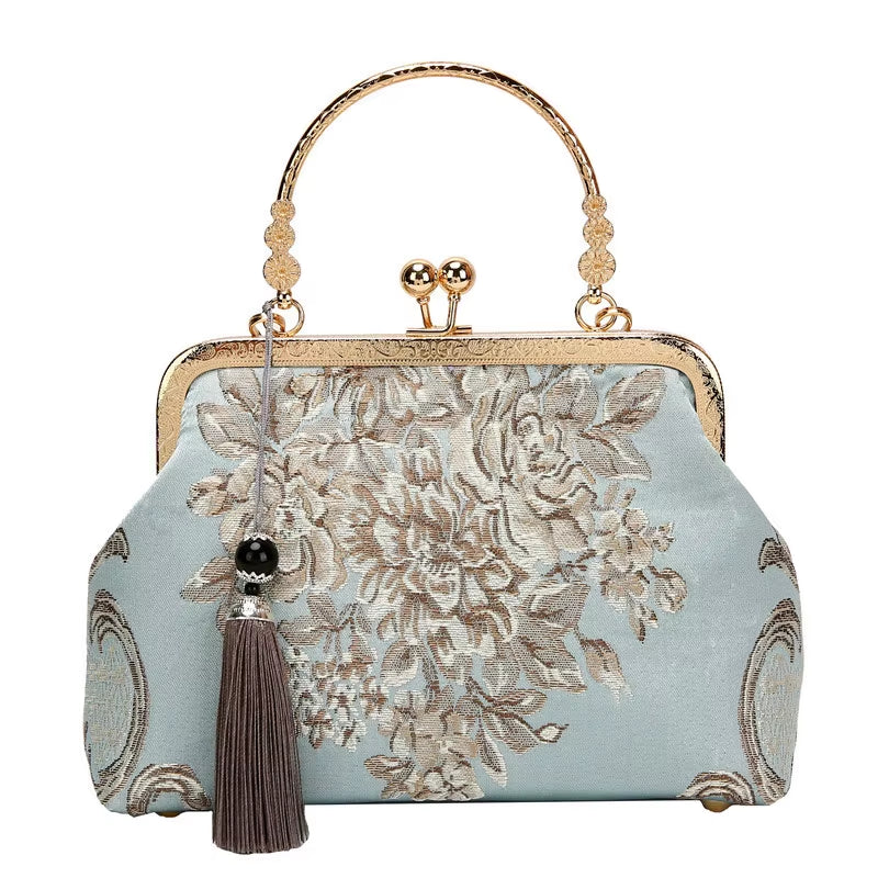 Chain Women Shoulder Crossbody Autumn Vintage Fashion Flowers Kiss Lock Shell Bag