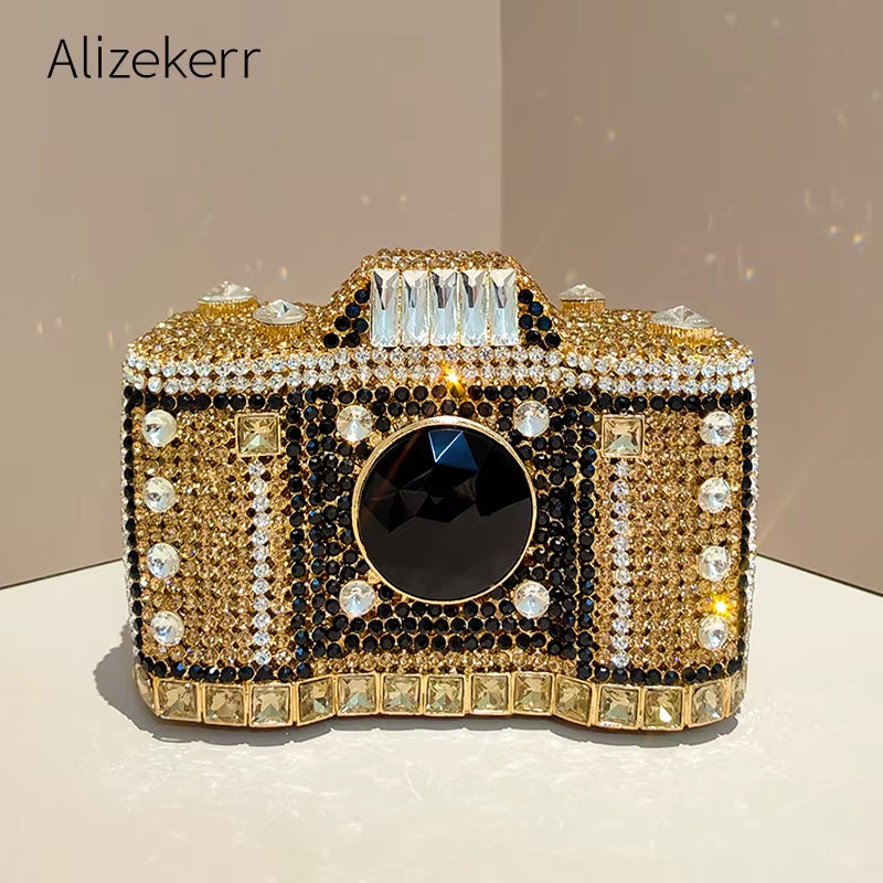 Camera Shaped Evening Clutch Bags 2026 Metallic Rhinestone