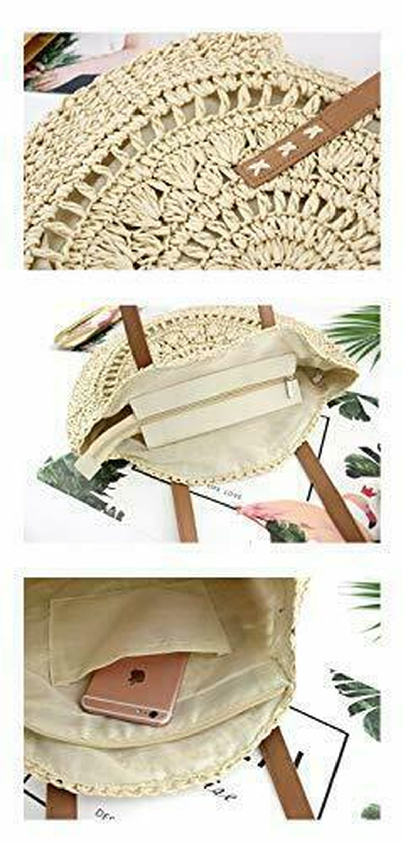 Beach Straw Natural Chic Large round Bohemian Shoulder Hand Bag -Khaki