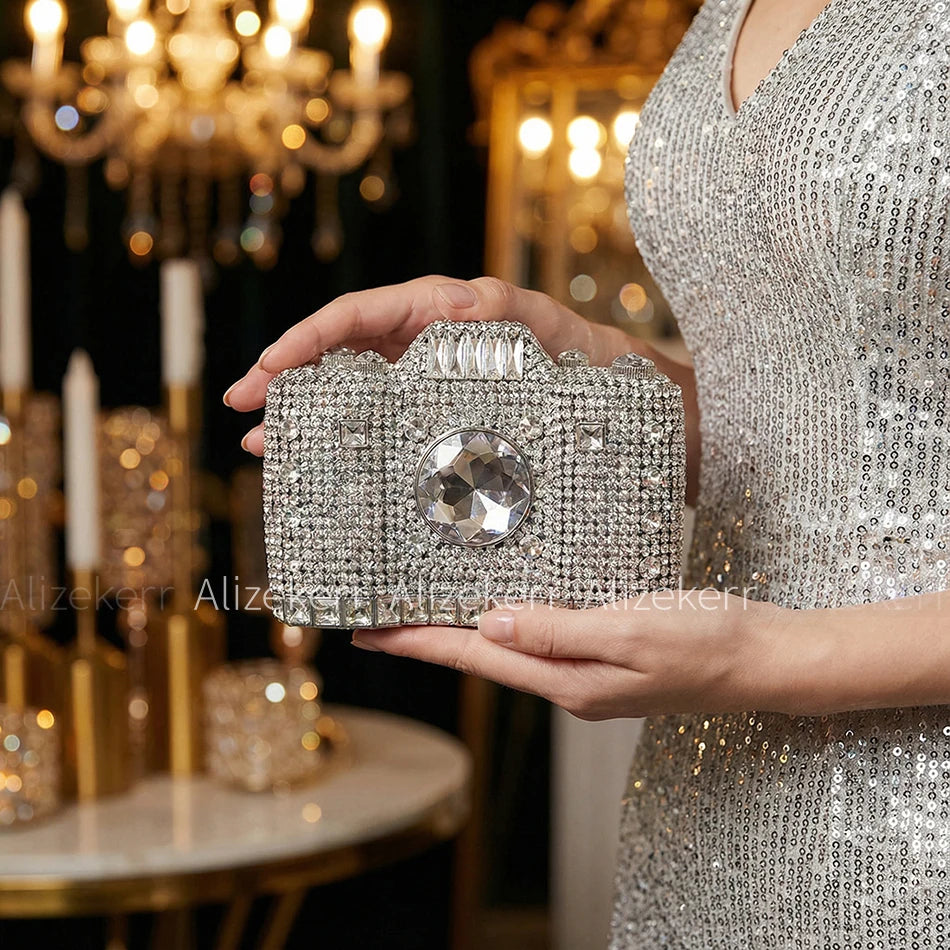 Camera Shaped Evening Clutch Bags 2026 Metallic Rhinestone