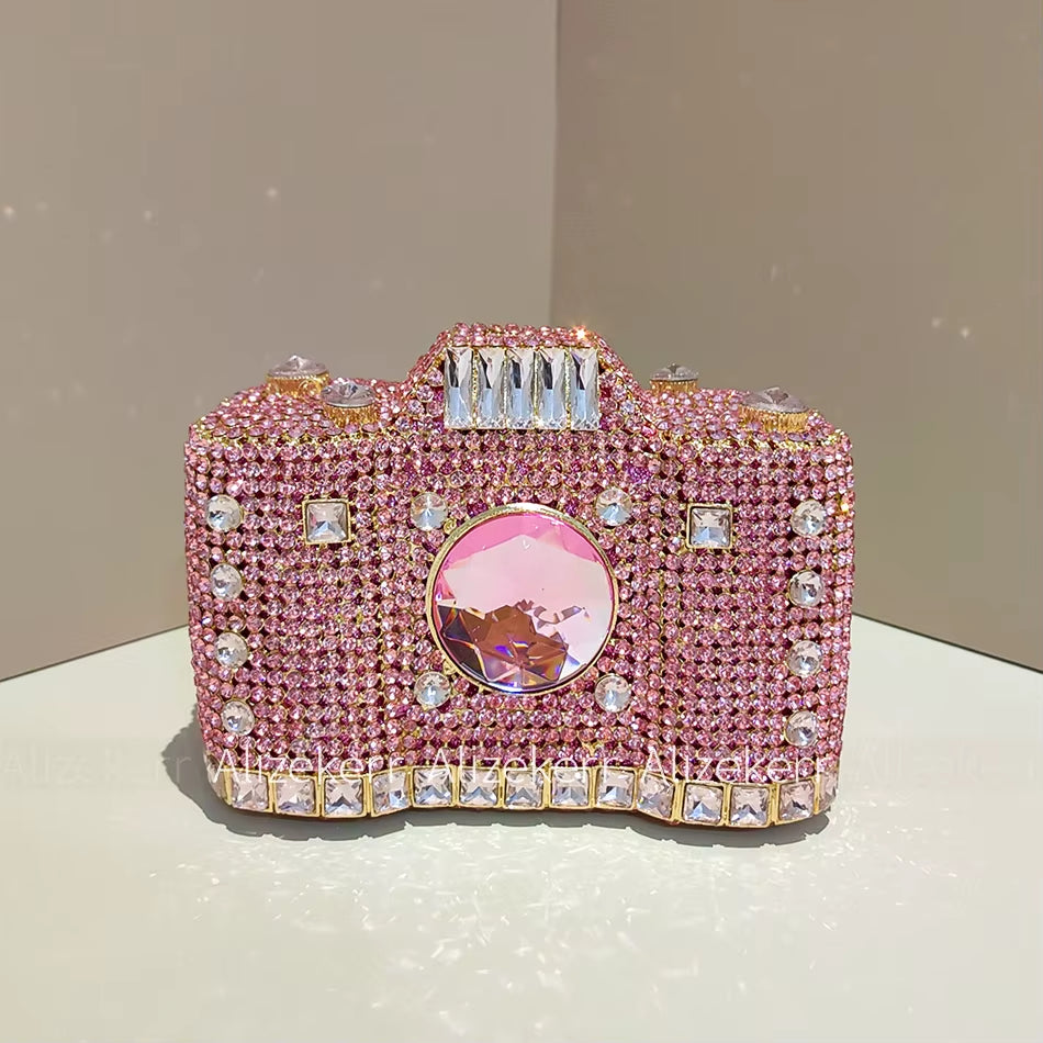 Camera Shaped Evening Clutch Bags 2026 Metallic Rhinestone