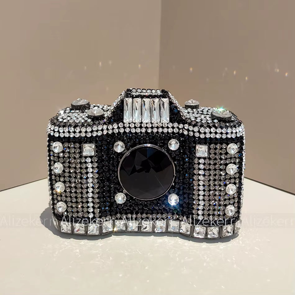 Camera Shaped Evening Clutch Bags 2026 Metallic Rhinestone
