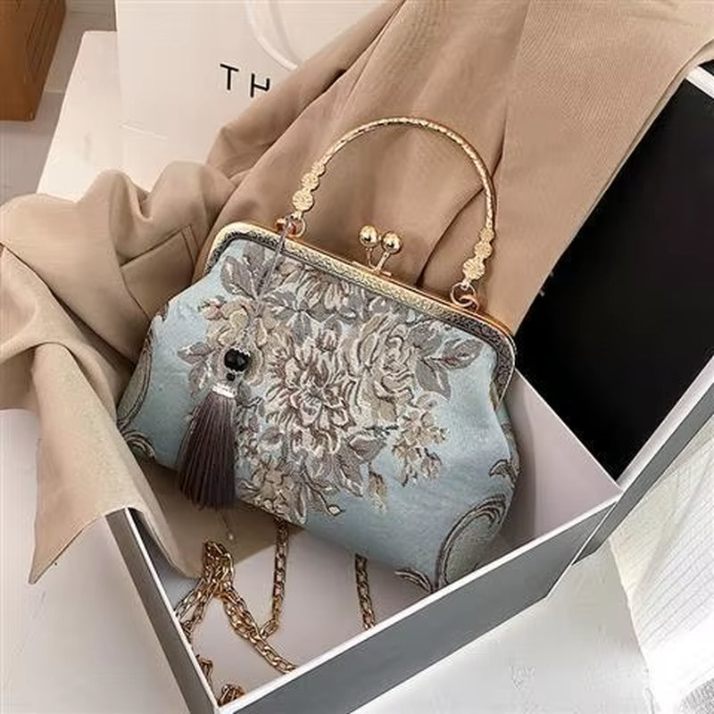 Chain Women Shoulder Crossbody Autumn Vintage Fashion Flowers Kiss Lock Shell Bag