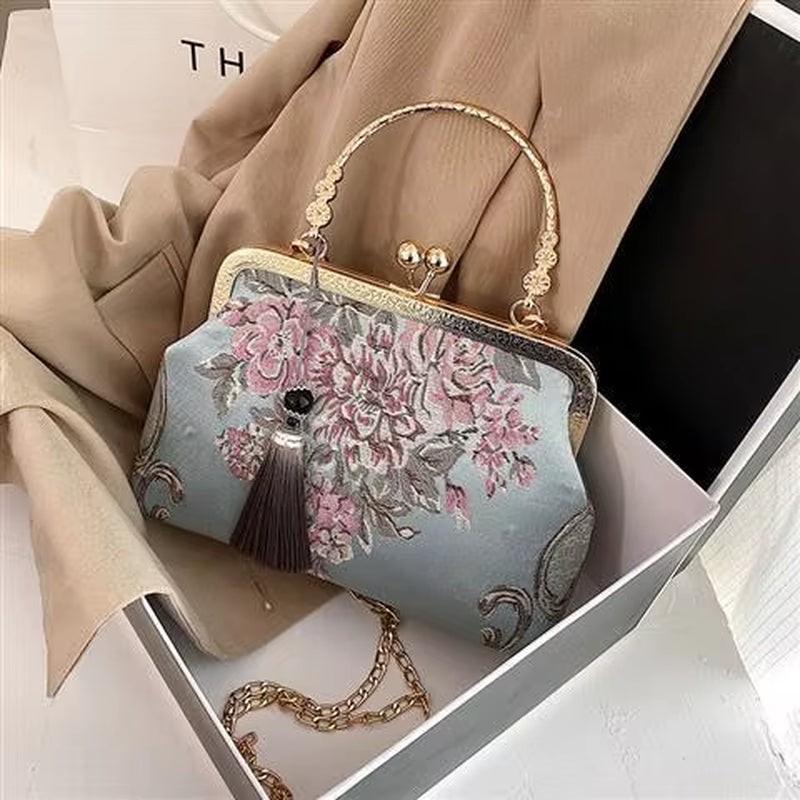 Chain Women Shoulder Crossbody Autumn Vintage Fashion Flowers Kiss Lock Shell Bag