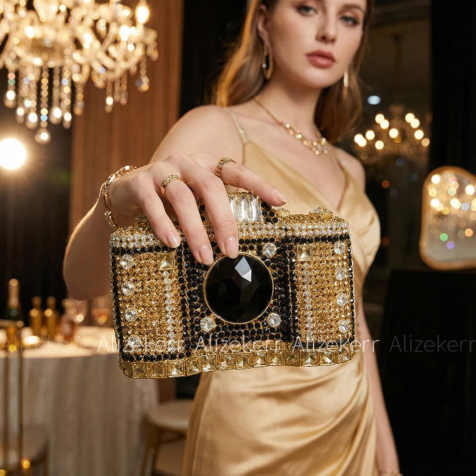 Camera Shaped Evening Clutch Bags 2026 Metallic Rhinestone