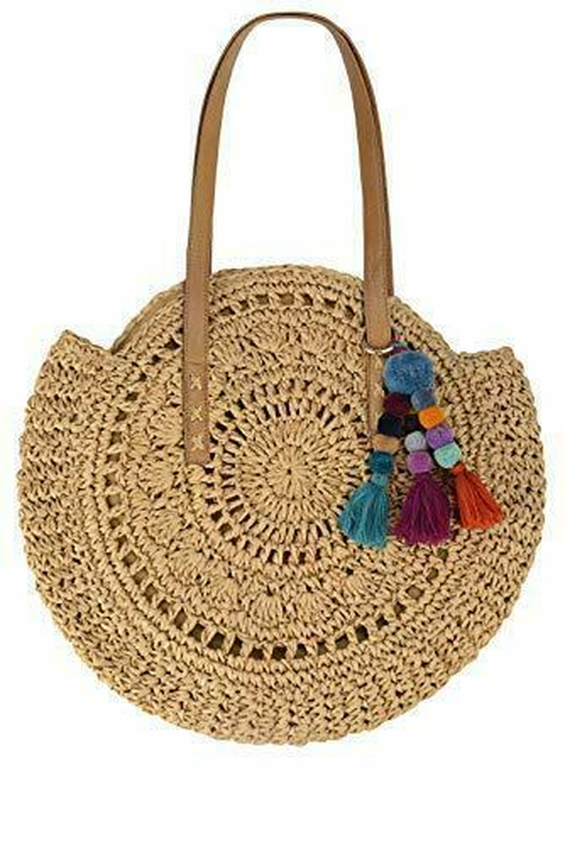 Beach Straw Natural Chic Large round Bohemian Shoulder Hand Bag -Khaki