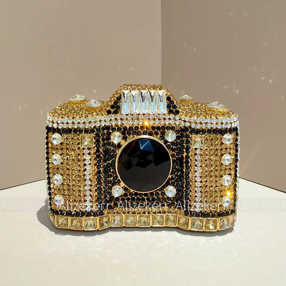 Camera Shaped Evening Clutch Bags 2026 Metallic Rhinestone