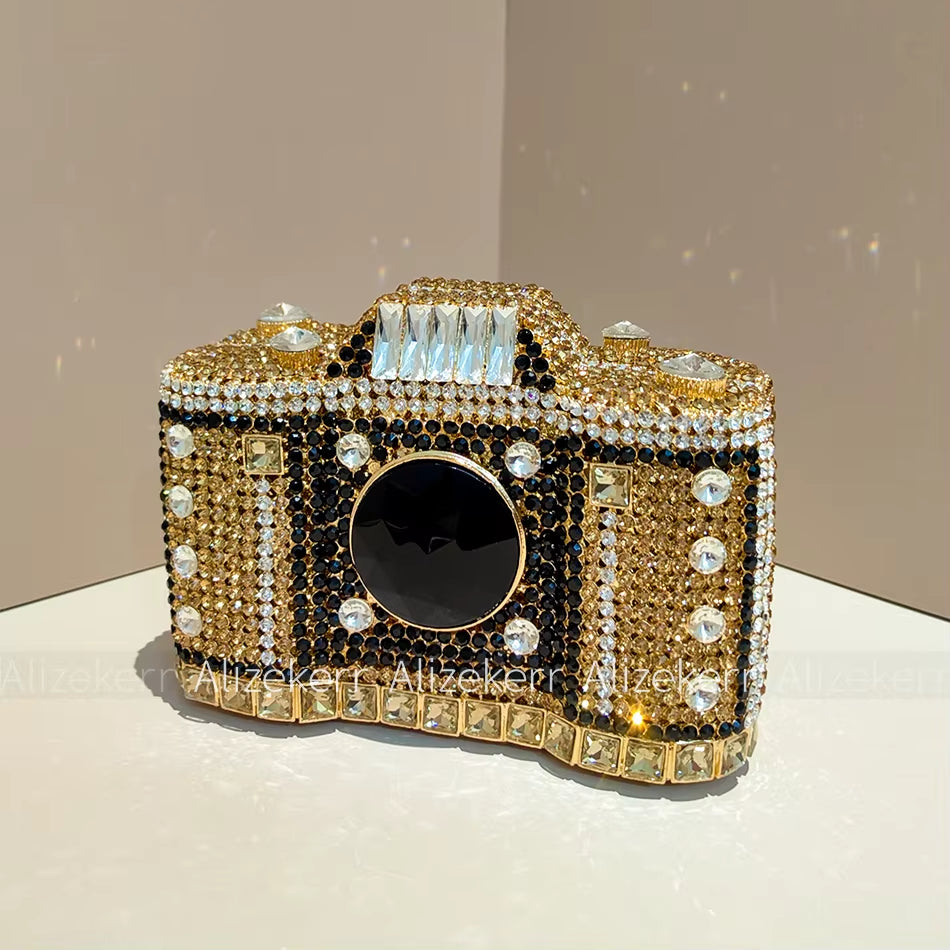 Camera Shaped Evening Clutch Bags 2026 Metallic Rhinestone