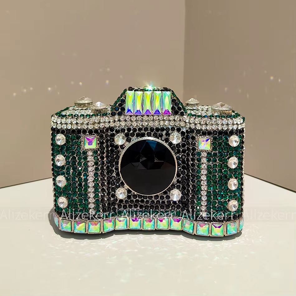 Camera Shaped Evening Clutch Bags 2026 Metallic Rhinestone