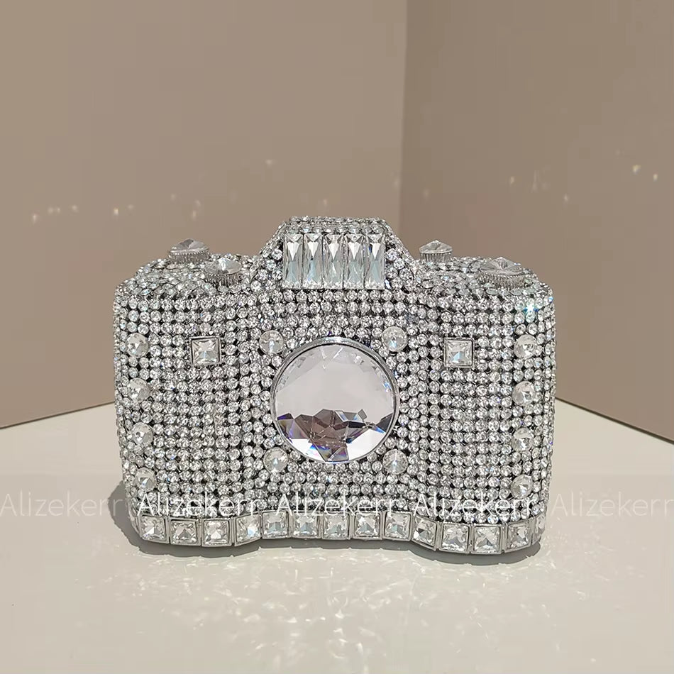Camera Shaped Evening Clutch Bags 2026 Metallic Rhinestone