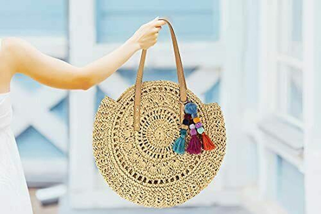 Beach Straw Natural Chic Large round Bohemian Shoulder Hand Bag -Khaki
